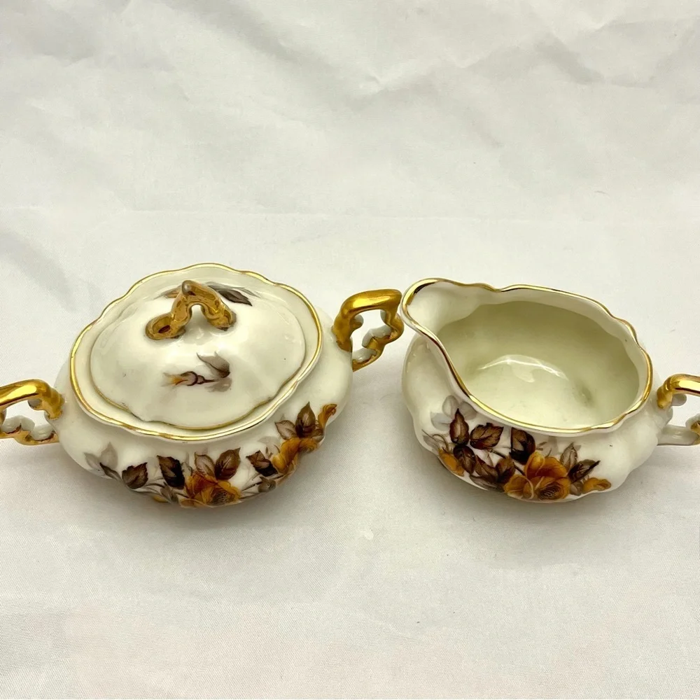 Royal Sealy Sugar Bowl w/ Lid & Creamer, Brown Orange Floral Pattern, VTG EUC